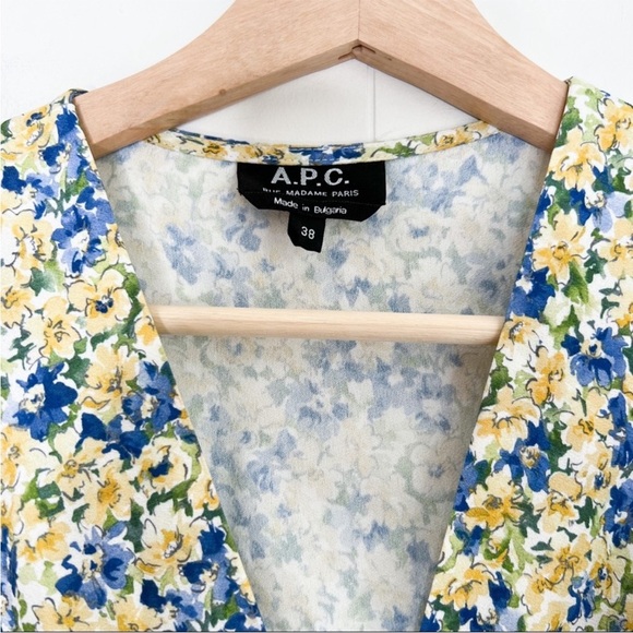 A.P.C. APC Mathilda Floral Midi Dress Dab Jaune Clair Blue Yellow Faux Wrap US 6 - Picture 10 of 16